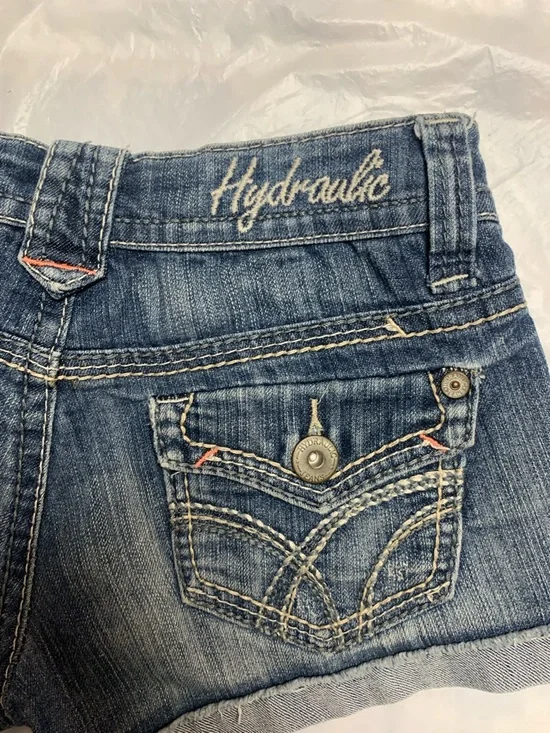 Hydraulic Vintage Y2K Super Low Rise Denim Jean Short Shorts Sz 3/4 Festival - Picture 5 of 6